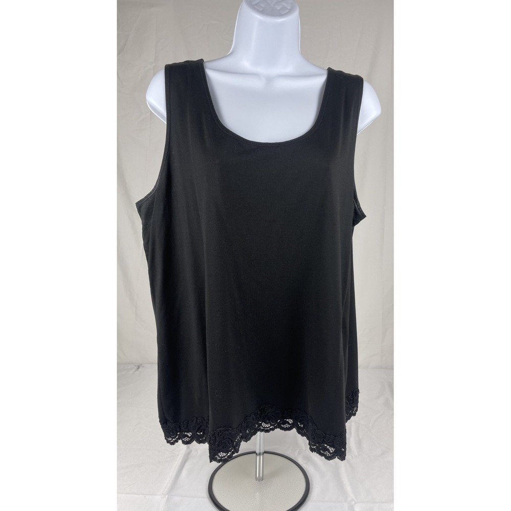 CHICOS WOMENS BLACK SLEEVELESS TANKN TOP SIZE‎ 3 LACE HEM STRETCH CAMI BLOUSE